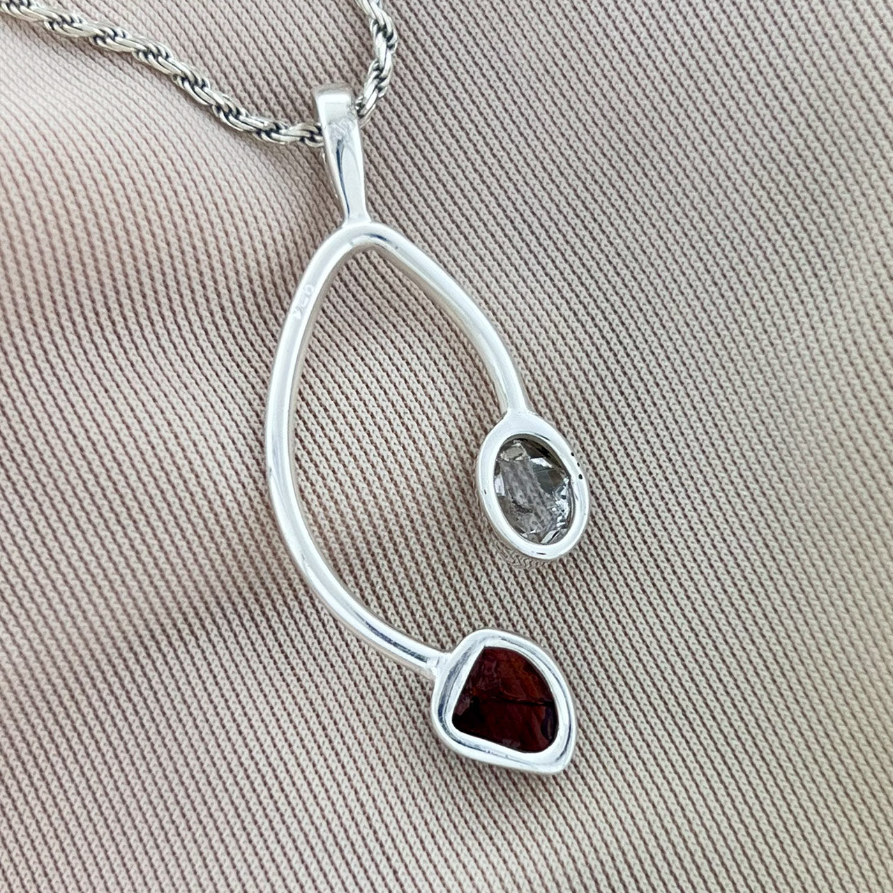 GARNET WITH HERIMER DIAMOND STERLING SILVER PENDANT