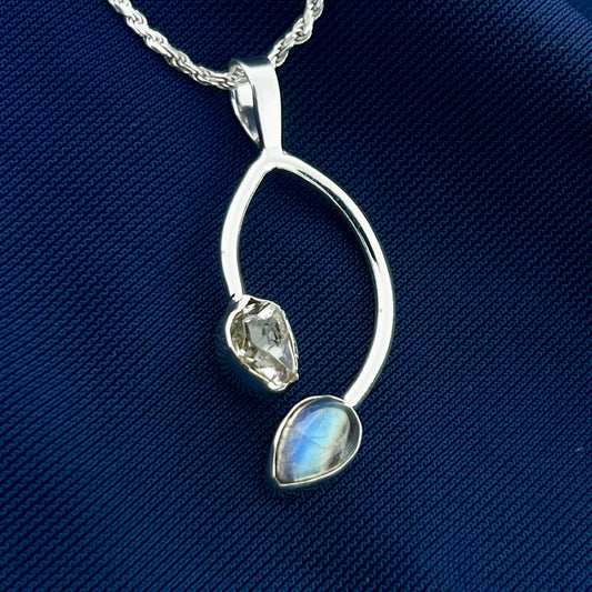 MOONSTONE WITH HERKIMER DIAMOND STERLING SILVER PENDANT