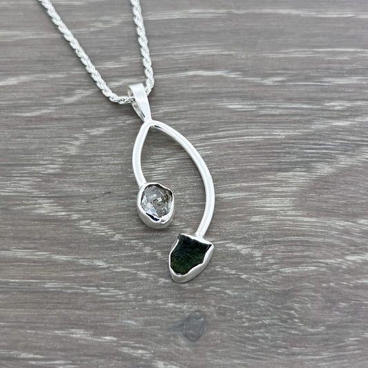 MOLDAVITE WITH HERKIMER DIAMOND STERLING SILVER PENDANT