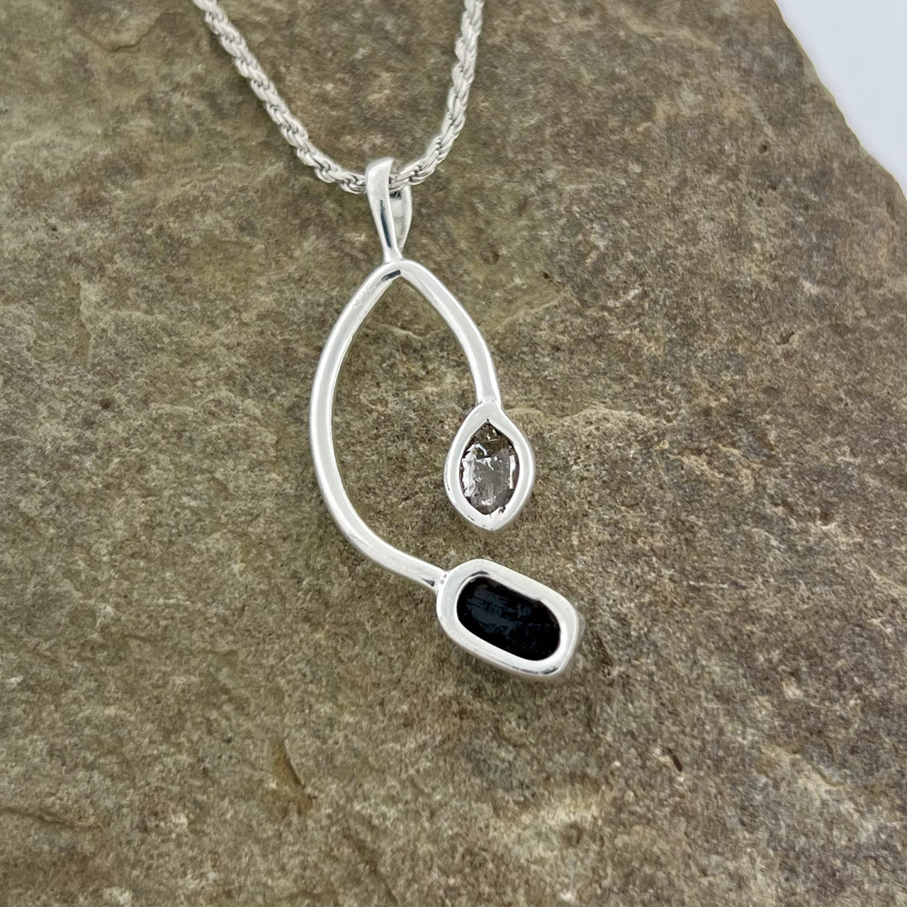 BLACK TOURMALINE WITH HERKIMER DIAMOND STERLING SILVER PENDANT