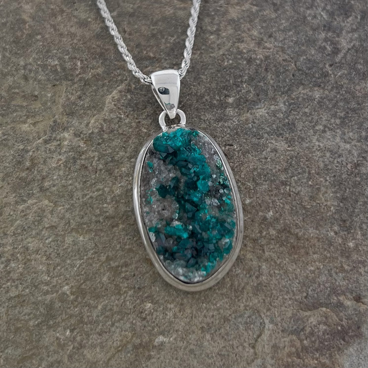 DIOPTASE CRYSTAL STERLING SILVER PENDANT