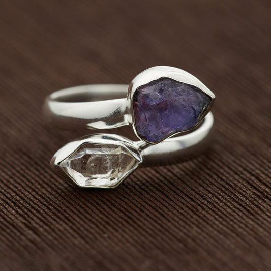 TANZANITE WITH HERKIMER DIAMOND STERLING SILVER RING