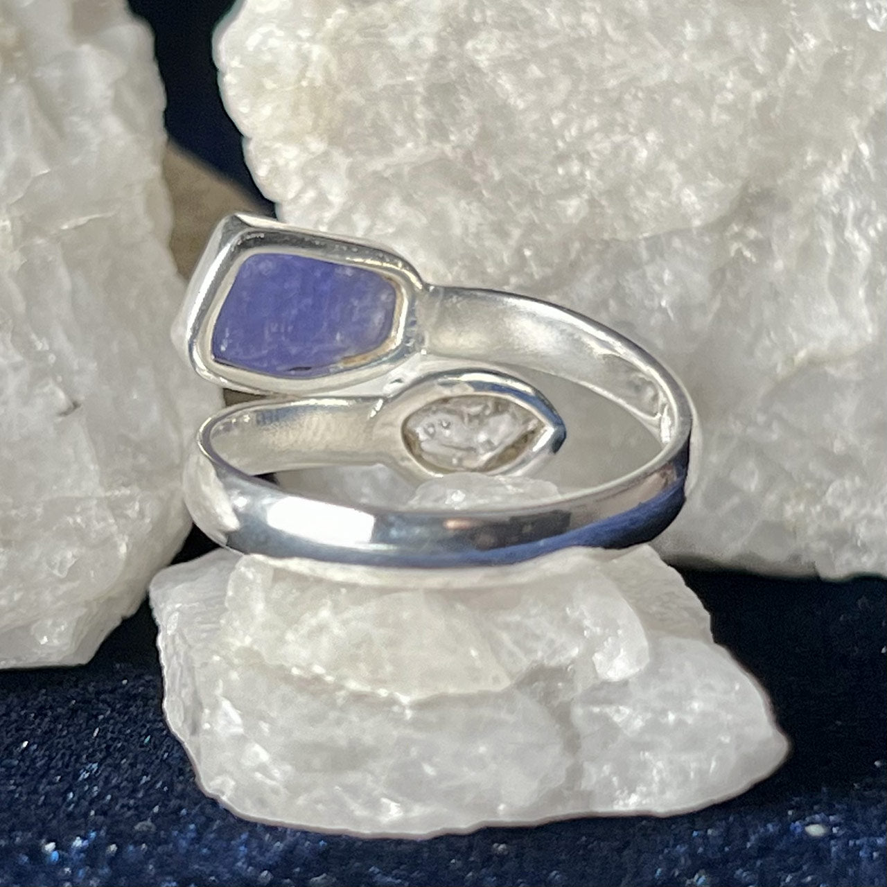 TANZANITE WITH HERKIMER DIAMOND STERLING SILVER RING