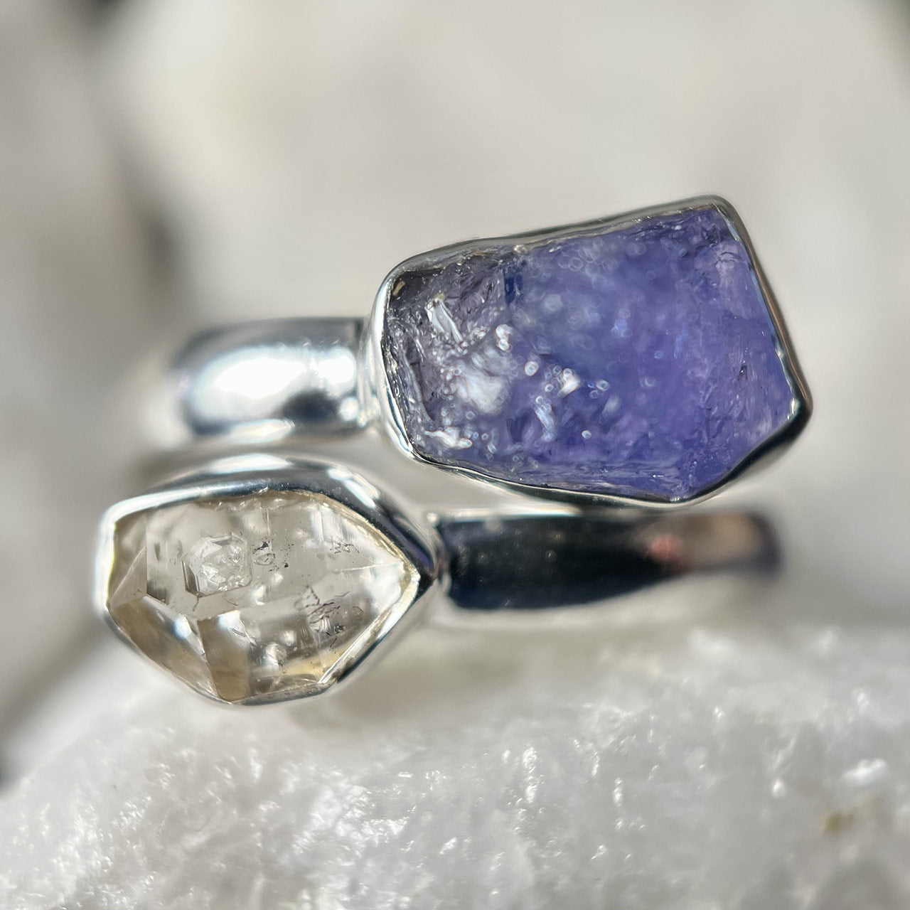 TANZANITE WITH HERKIMER DIAMOND STERLING SILVER RING