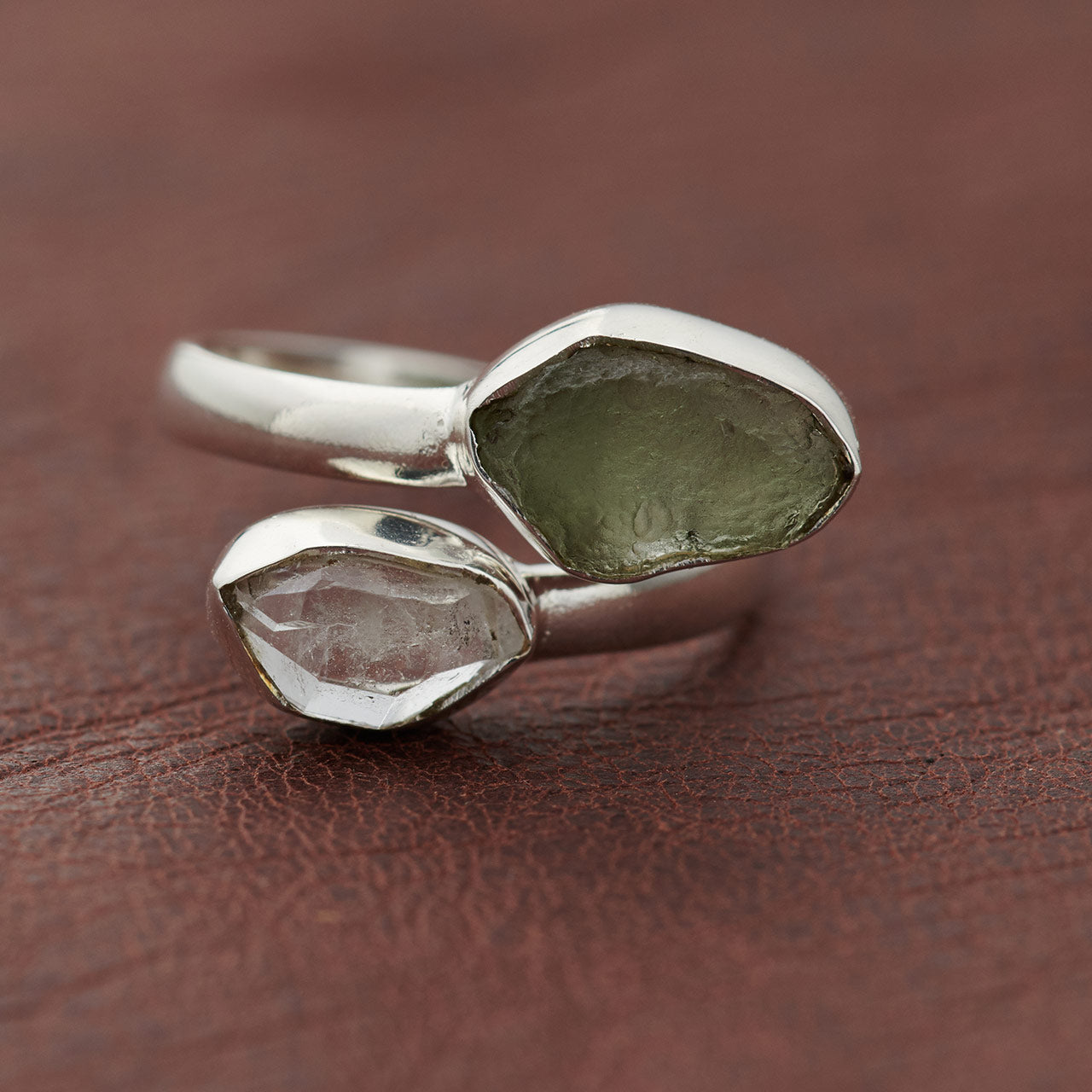 MOLDAVITE WITH HERKIMER DIAMOND STERLING SILVER RING