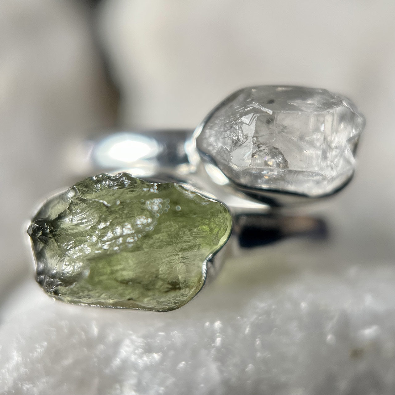 MOLDAVITE WITH HERKIMER DIAMOND STERLING SILVER RING