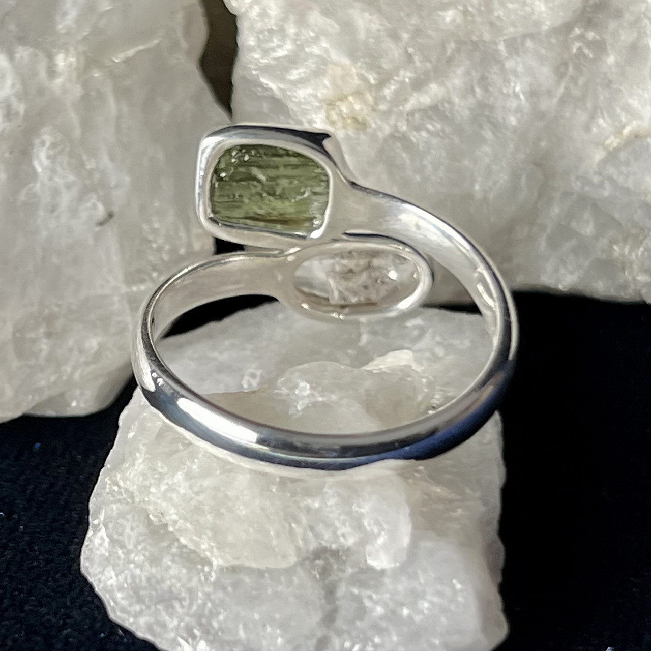 MOLDAVITE WITH HERKIMER DIAMOND STERLING SILVER RING