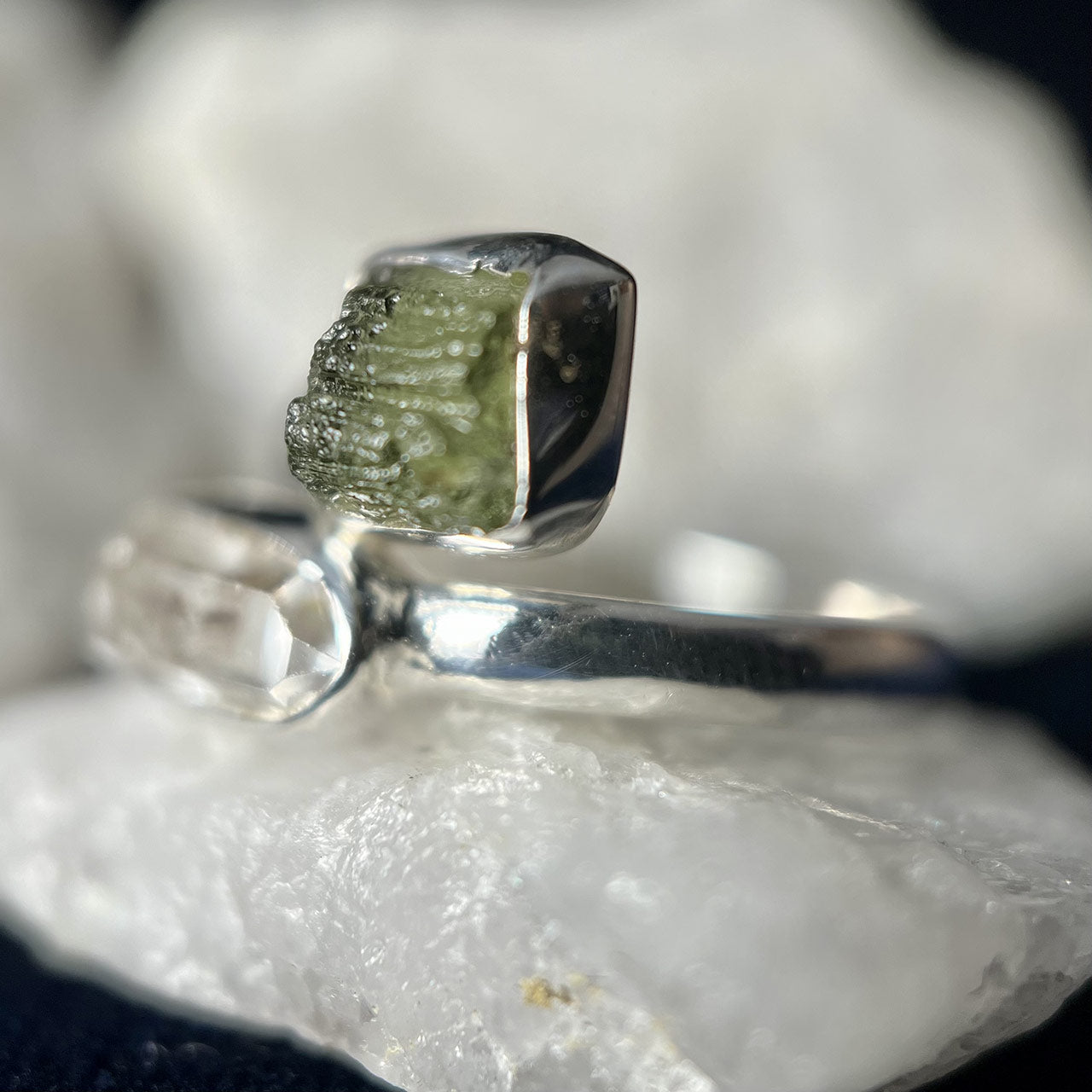 MOLDAVITE WITH HERKIMER DIAMOND STERLING SILVER RING