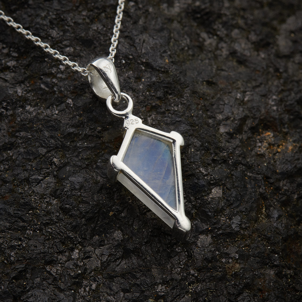 BLUE FIRE MOONSTONE STERLING SILVER SHIELD 2.0 PENDANT