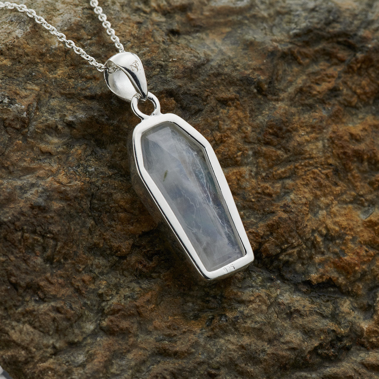 BLUE FIRE MOONSTONE STERLING SILVER COFFIN PENDANT