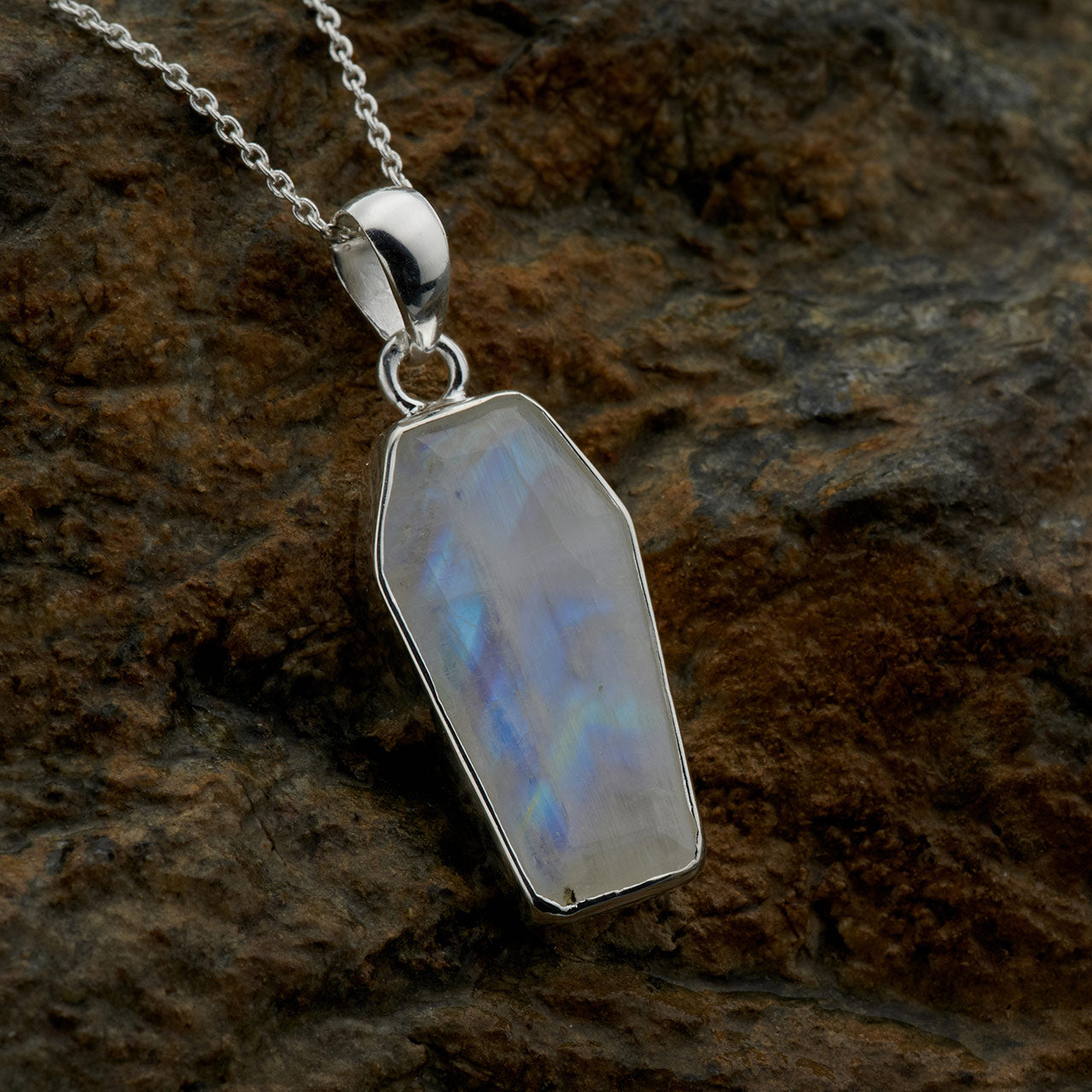 BLUE FIRE MOONSTONE STERLING SILVER COFFIN PENDANT