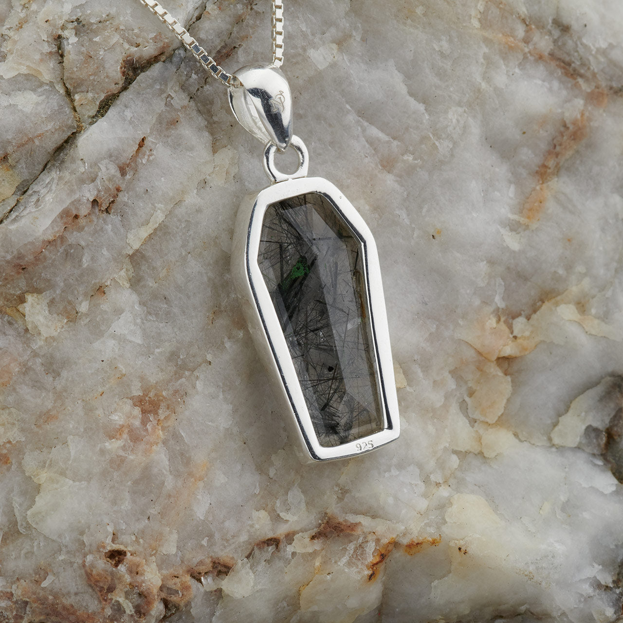 BLACK RUTILE STERLING SILVER COFFIN PENDANT