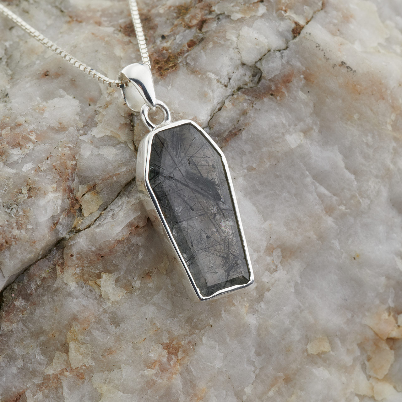 BLACK RUTILE STERLING SILVER COFFIN PENDANT