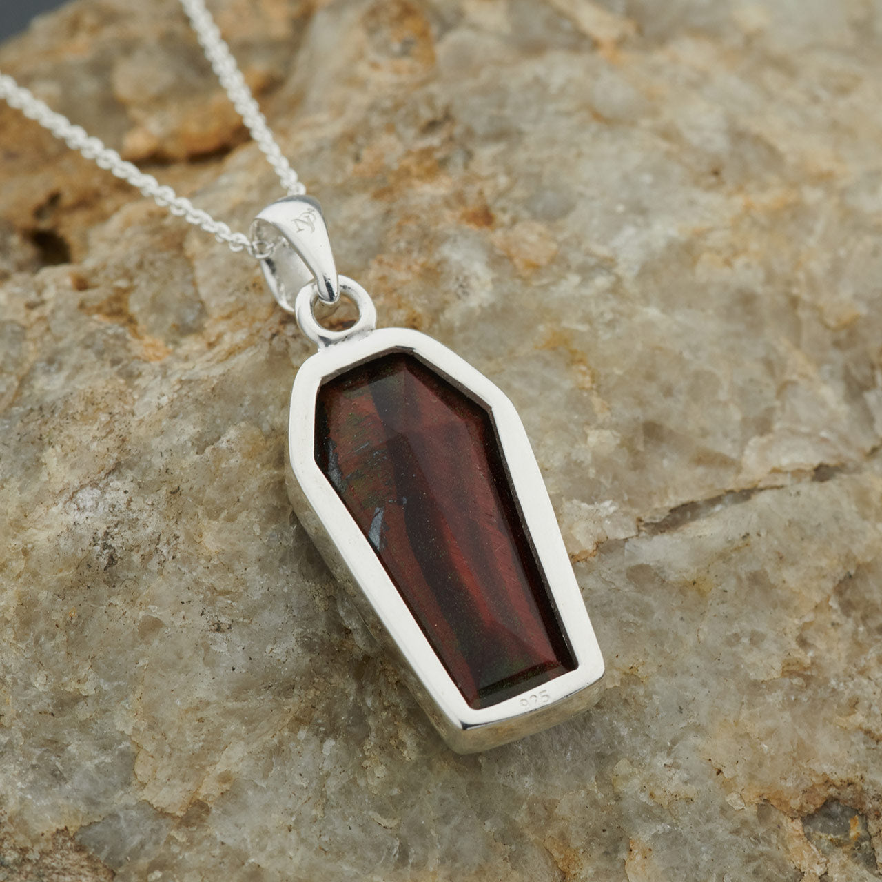 RED TIGER EYE STERLING SILVER COFFIN PENDANT