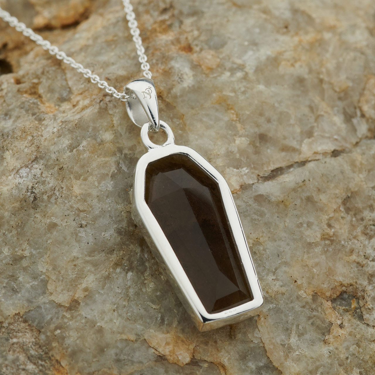 SMOKEY QUARTZ STERLING SILVER COFFIN PENDANT