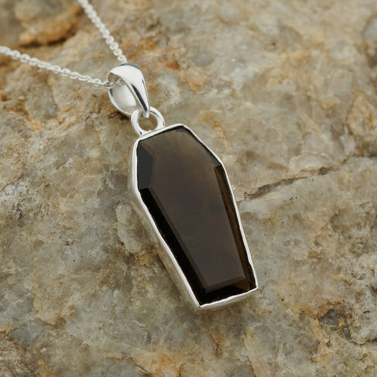 SMOKEY QUARTZ STERLING SILVER COFFIN PENDANT