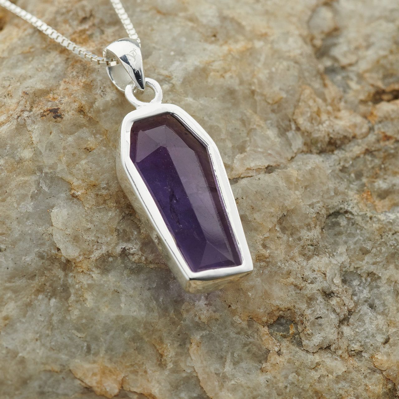 AMETHYST STERLING SILVER COFFIN PENDANT