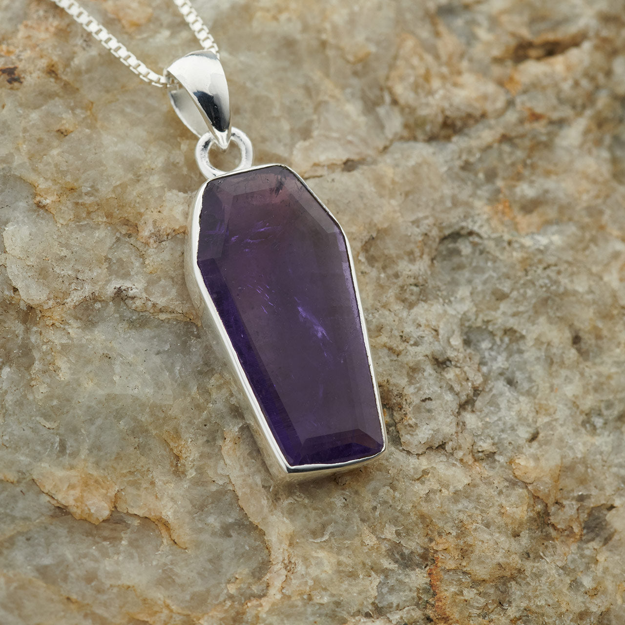 AMETHYST STERLING SILVER COFFIN PENDANT