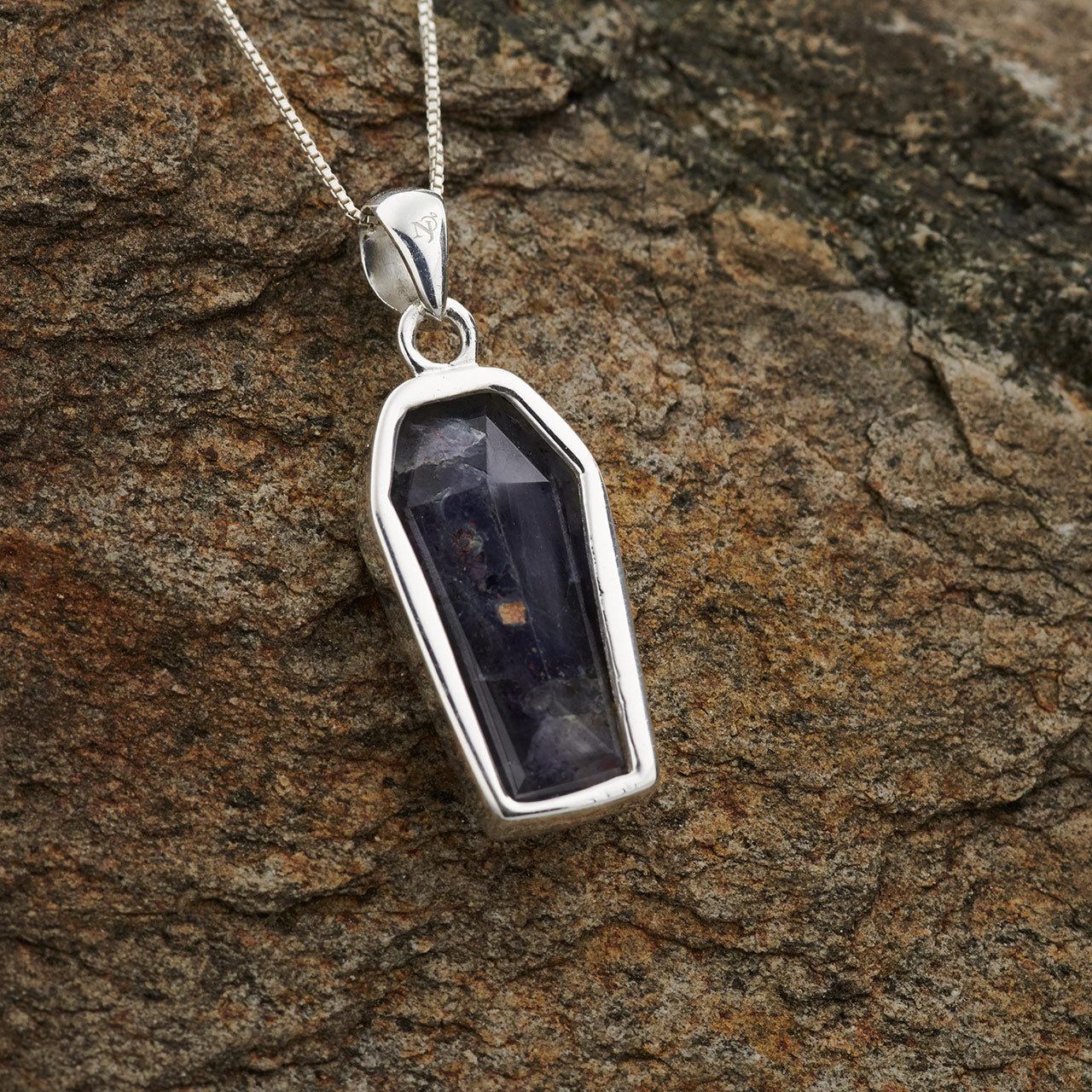 IOLITE SUNSTONE STERLING SILVER COFFIN PENDANT