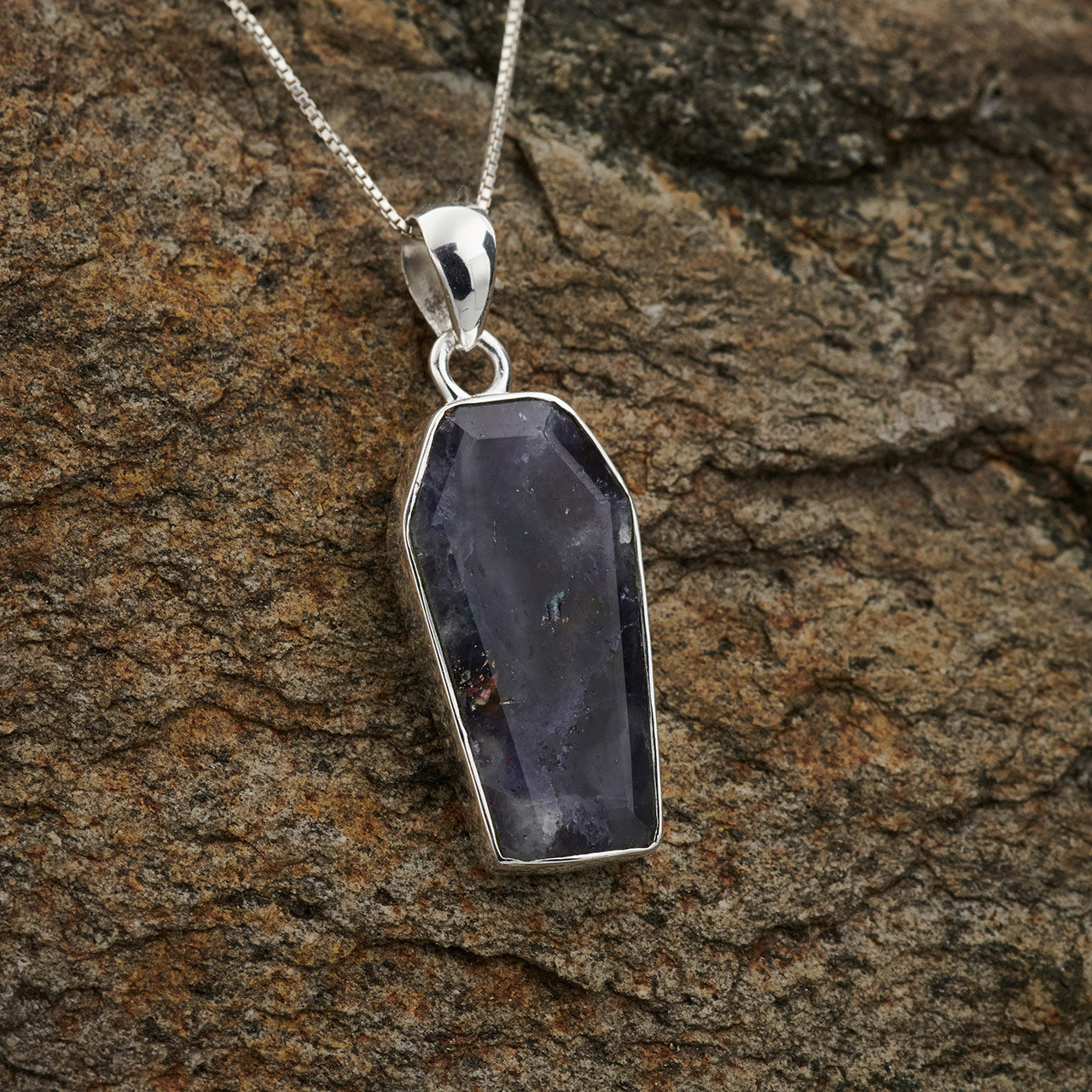 IOLITE SUNSTONE STERLING SILVER COFFIN PENDANT