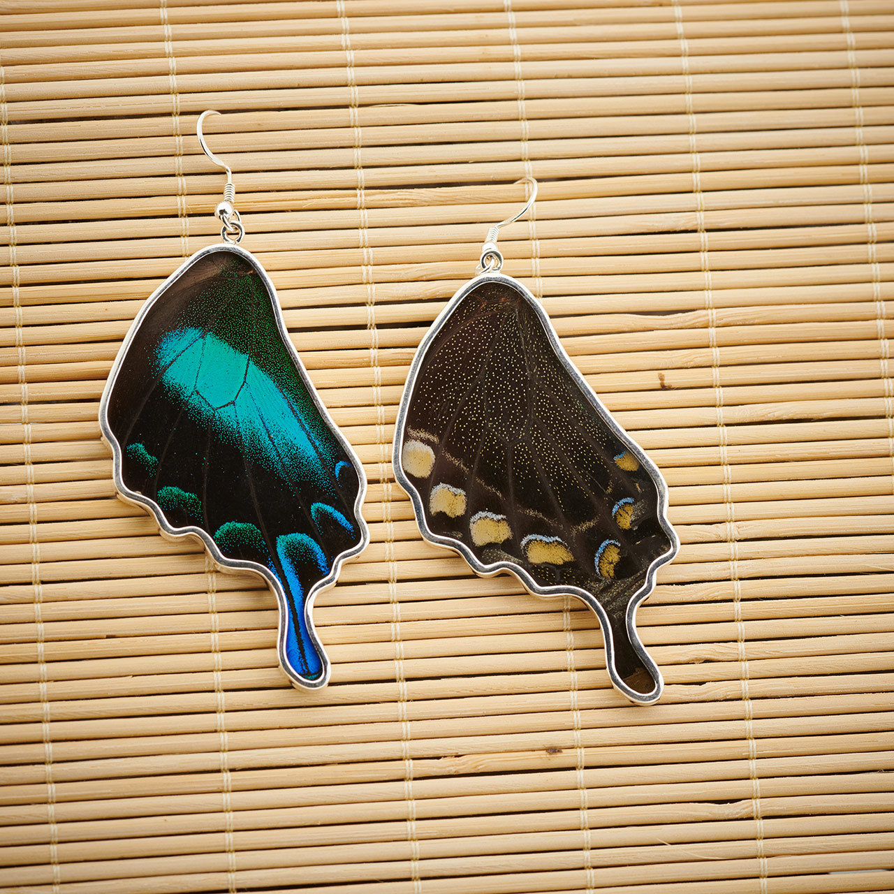 GREEN BANDED SWALLOWTAIL FINE SILVER FULL WING EARRINGS