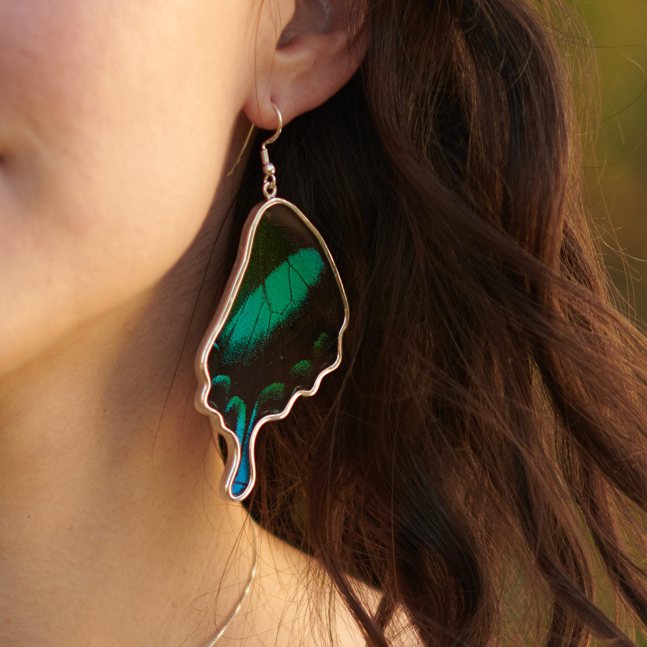 GREEN BANDED SWALLOWTAIL FINE SILVER FULL WING EARRINGS