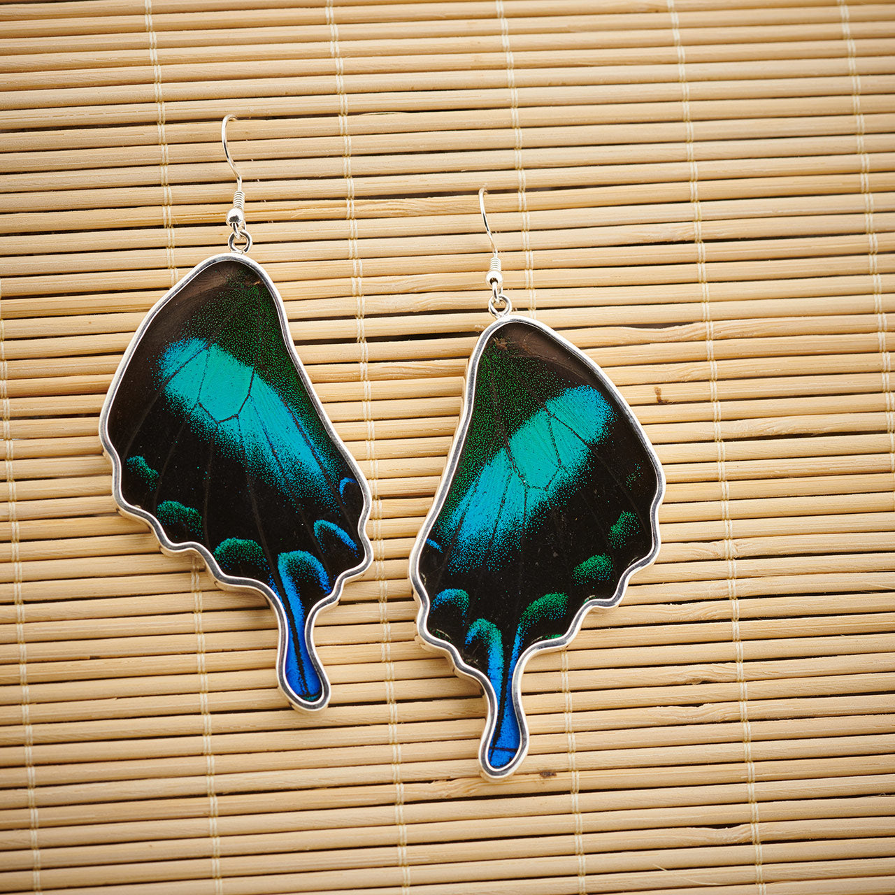 GREEN BANDED SWALLOWTAIL FINE SILVER FULL WING EARRINGS