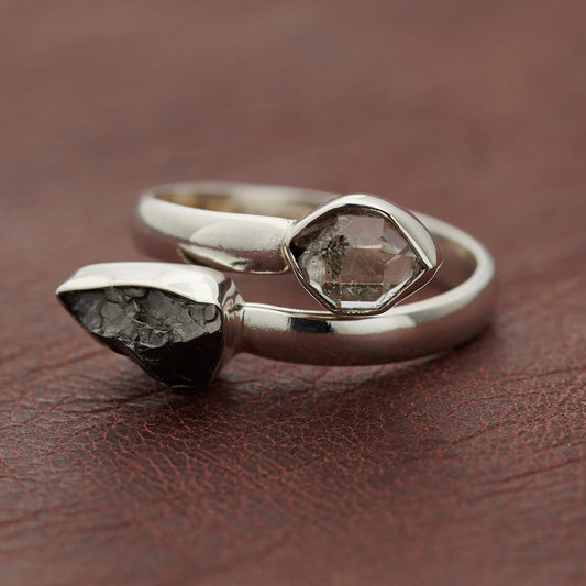 SHUNGITE WITH HERKIMER DIAMOND STERLING SILVER RING