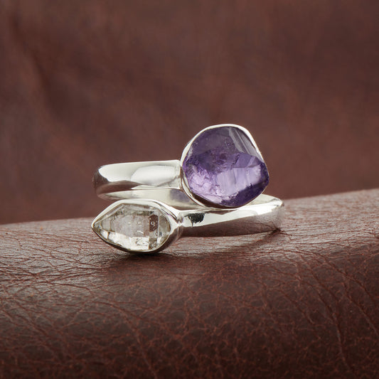 AMETHYST WITH HERKIMER DIAMOND STERLING SILVER RING