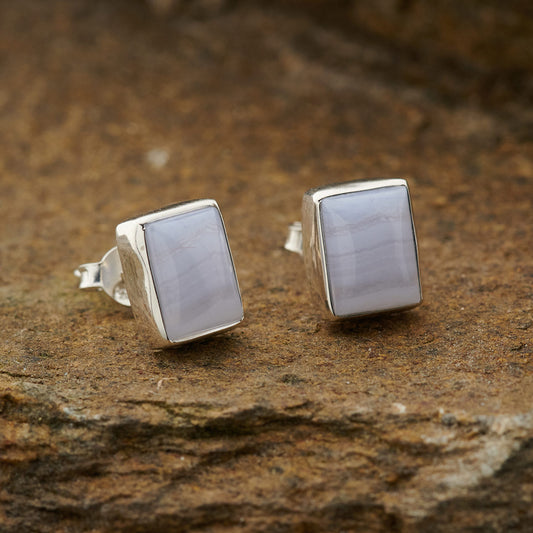 BLUE LACE AGATE STUD STERLING SILVER EARRINGS