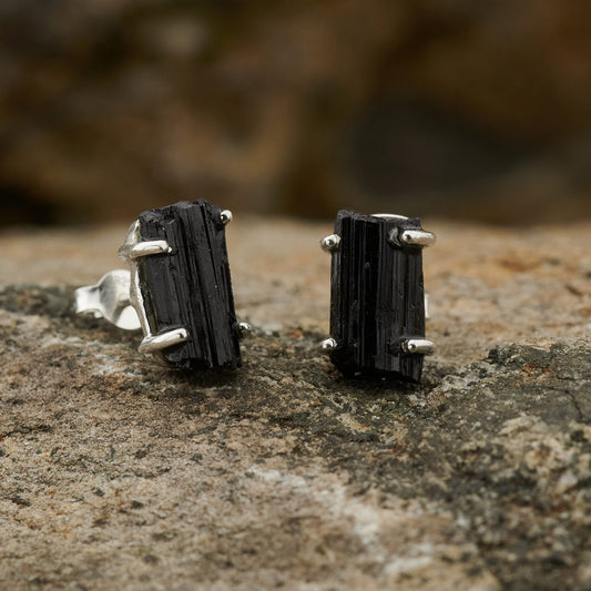 BLACK TOURMALINE STUD STERLING SILVER EARRINGS