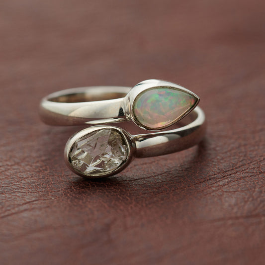 ETHIOPIAN OPAL WITH HERKIMER DIAMOND STERLING SILVER RING