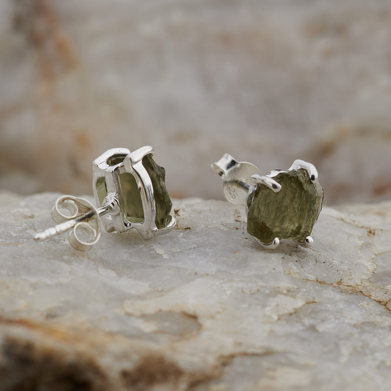 MOLDAVITE STERLING SILVER STUD EARRINGS