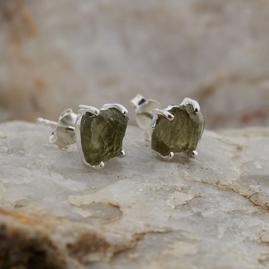 MOLDAVITE STERLING SILVER STUD EARRINGS