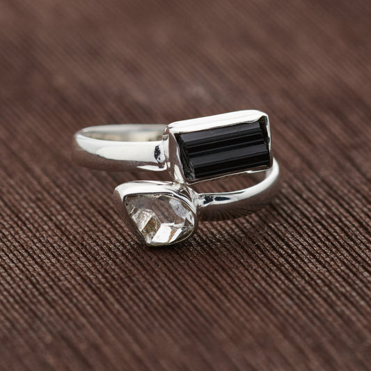 BLACK TOURMALINE WITH HERKIMER DIAMOND STERLING SILVER RING