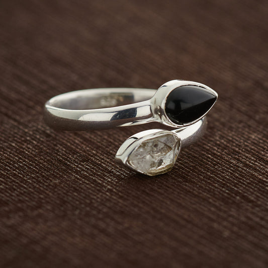 BLACK ONYX WITH HERKIMER DIAMOND  STERLING SILVER RING
