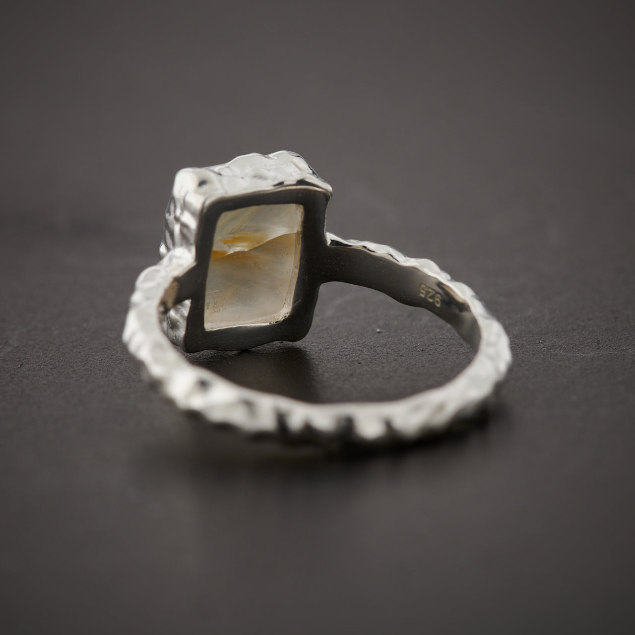 GOLDEN RUTILE STERLING SILVER REC HAMMERED FINISH RING