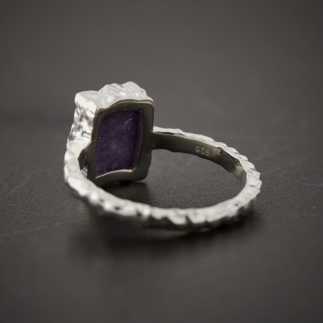 LEPIDOLITE STERLING SILVER REC HAMMERED FINISH RING