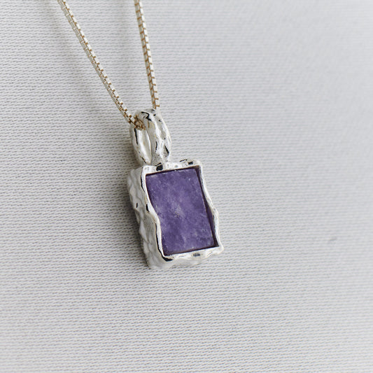 LEPIDOLITE STERLING SILVER REC HAMMERED FINISH PENDANT