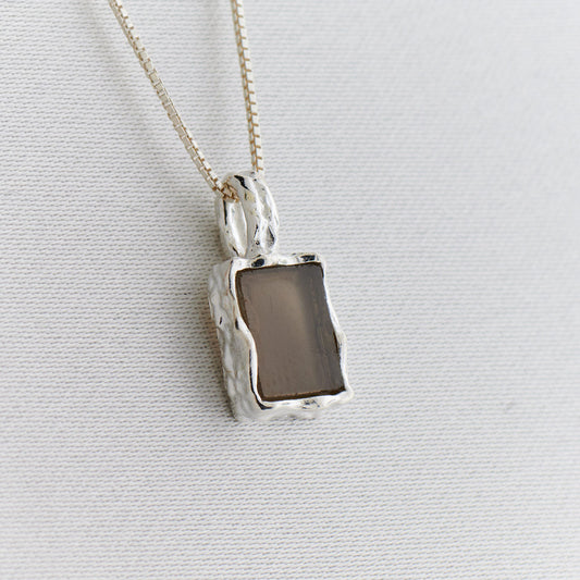 SMOKEY QUARTZ STERLING SILVER REC HAMMERED FINISH PENDANT