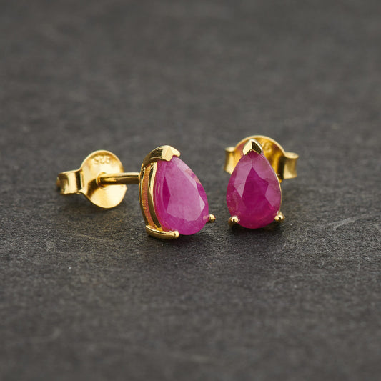 NATURAL RUBY VERMEIL YELLOW 18K TEARDROP 6X4 EARRINGS