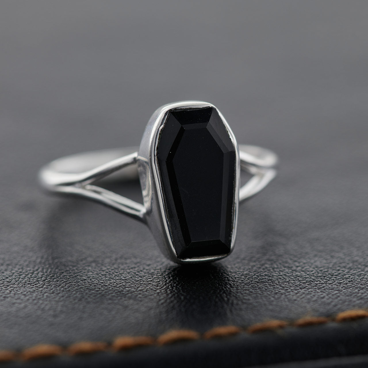 BLACK ONYX STERLING SILVER COFFIN RING