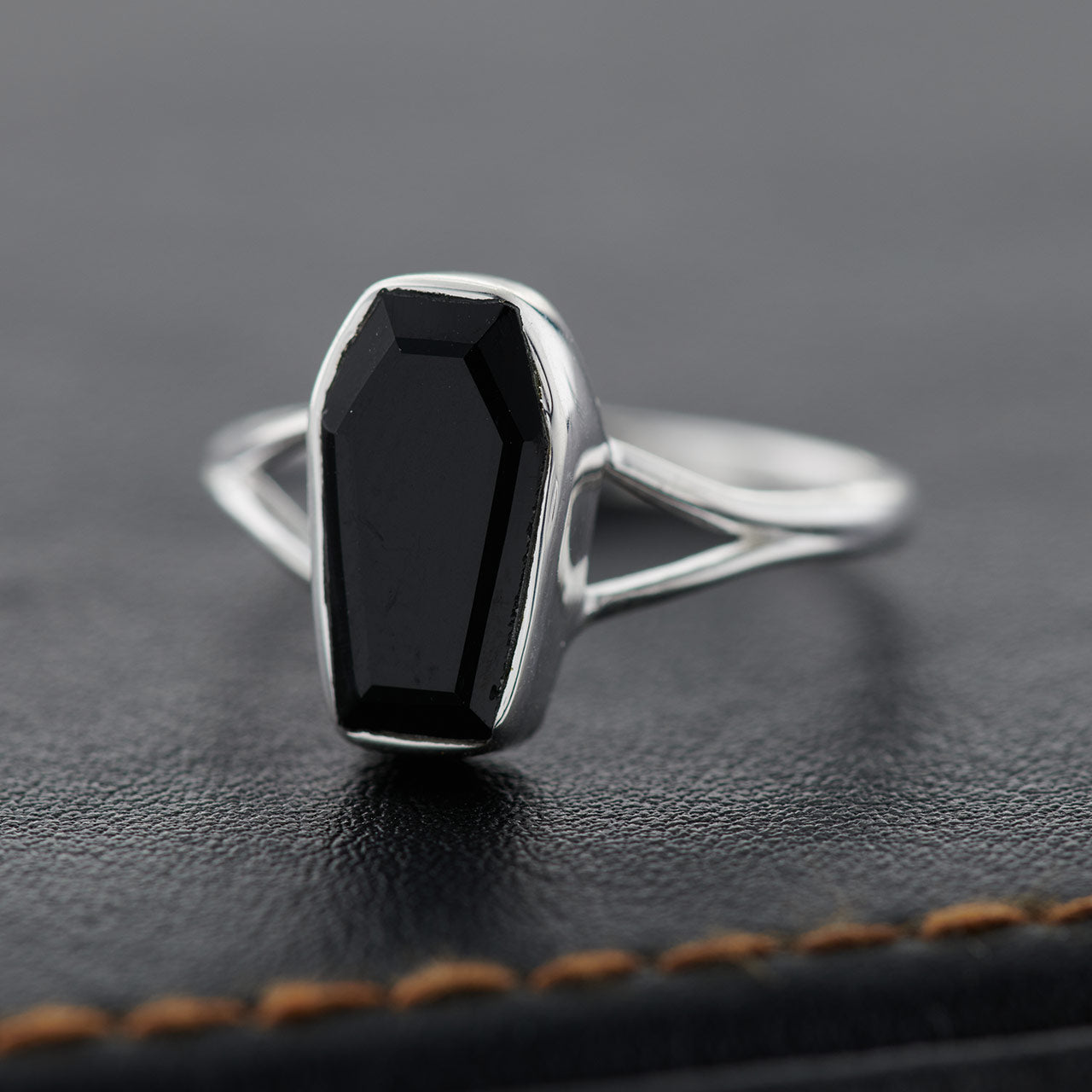 BLACK ONYX STERLING SILVER COFFIN RING