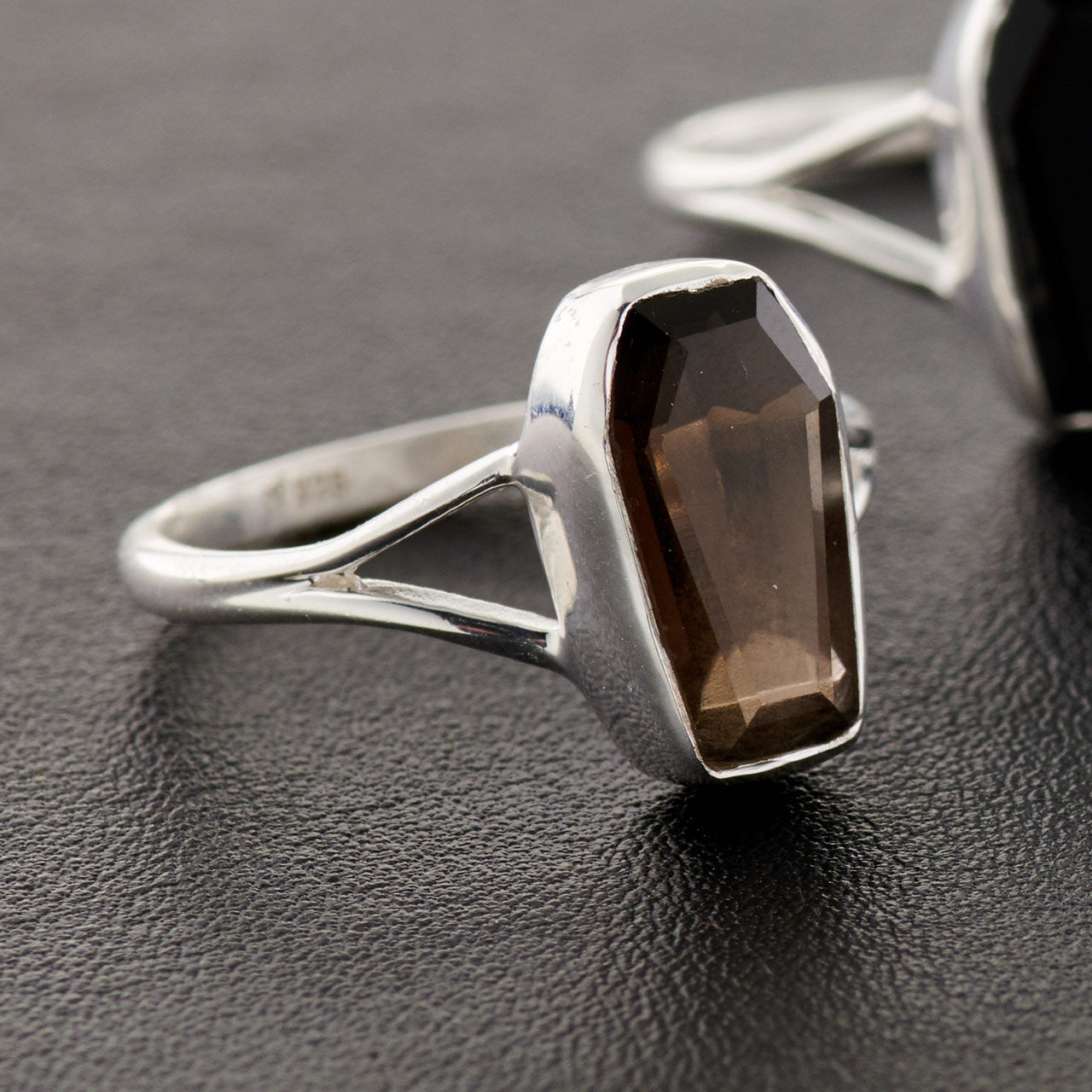 SMOKEY QUARTZ STERLING SILVER COFFIN RING