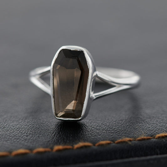 SMOKEY QUARTZ STERLING SILVER COFFIN RING