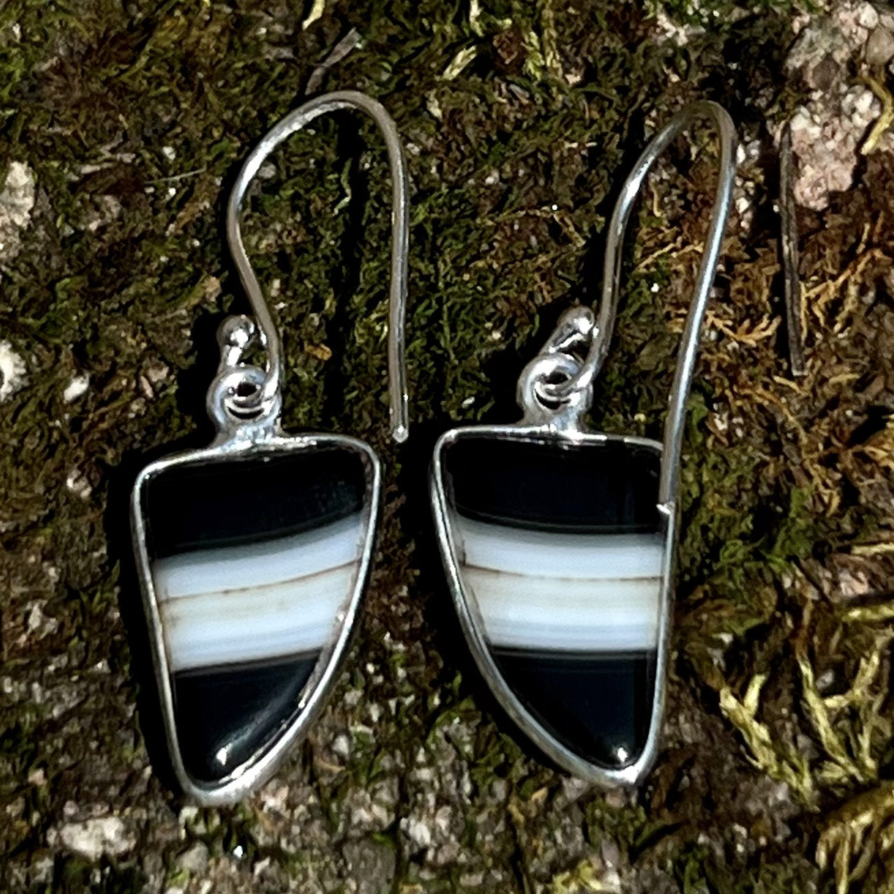 BLACK BANDED AGATE STERLING SILVER DANGLE EARRINGS