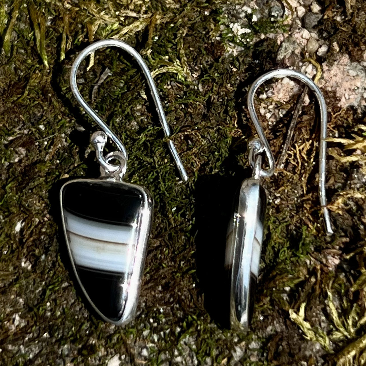 BLACK BANDED AGATE STERLING SILVER DANGLE EARRINGS