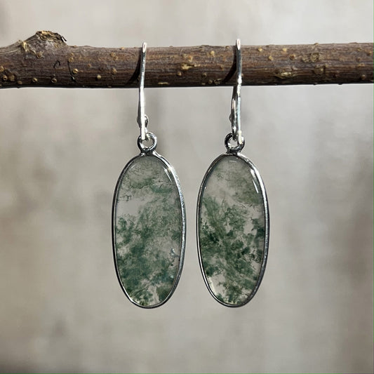 MOSS AGATE STERLING SILVER DANGLE EARRINGS