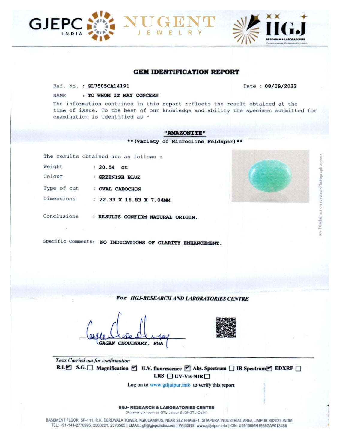 AMAZONITE STONE CERTIFICATION