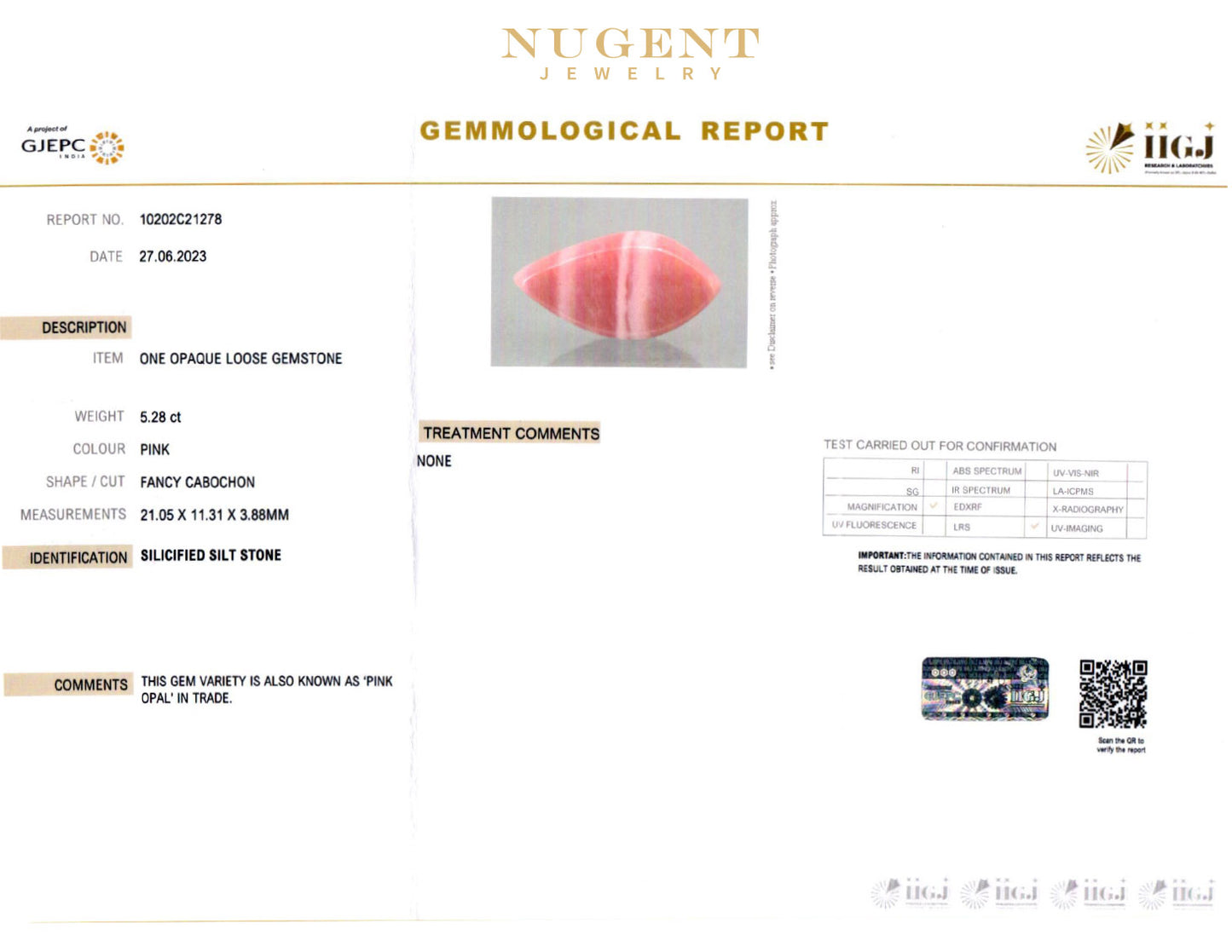 AUSTRAILIAN PINK OPAL STONE CERTIFICATION